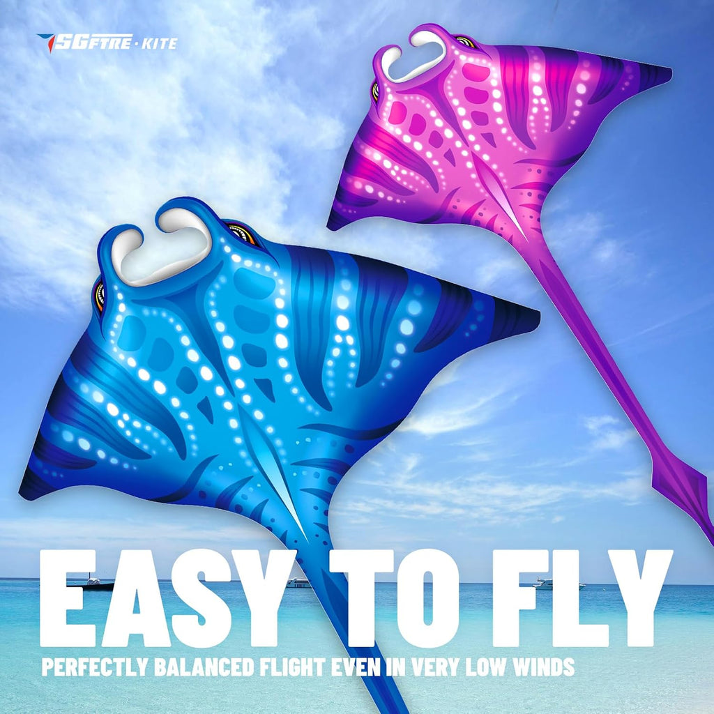 **SGftre Butterfly Delta Octopus Kites - Easy to Fly 3-Piece Set for Kids & Adults | Manta Ray Colors (Blue, Pink)**