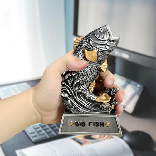 Funny Big Fish Trophy Award - 6" Handmade Statue for Best Catch - Unique Fishing Gift for Dad, Husband, Grandpa & Anglers - Tournament Prize, Father's Day & Birthday Gag Gifts, Man Cave Decor