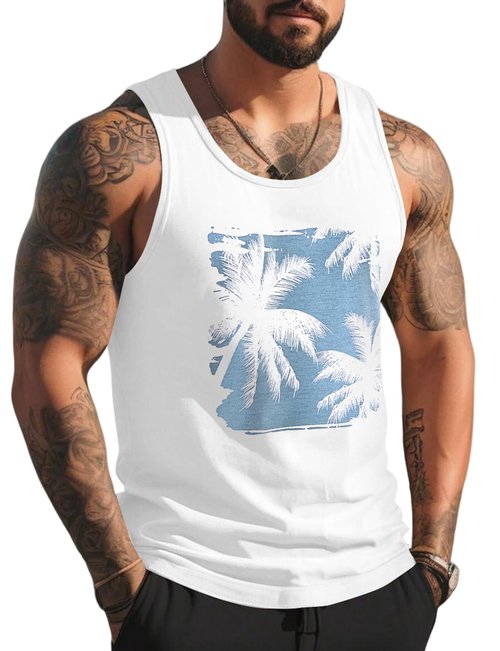 Gosuif Tank Tops Men Graphic Mens Beach Tank Tops for Men Summer Palm Tree Printed Hawaiian Sleeveless Workout Shirts for Men Muscle Gym Running Tank Top for Men White X-Large