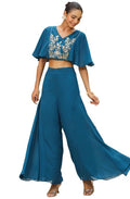 Janasya Indian Women's Teal Blue Georgette Yoke Embroidered Co-Ord Set