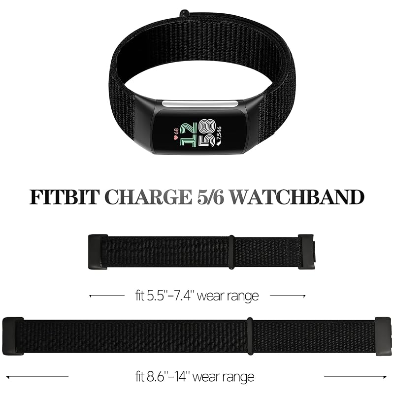 Wizvv Black Arm/Ankle/Wrist Band for Fitbit Charge 5/6 – Nylon Hook & Loop Replacement Strap (Variation: black)