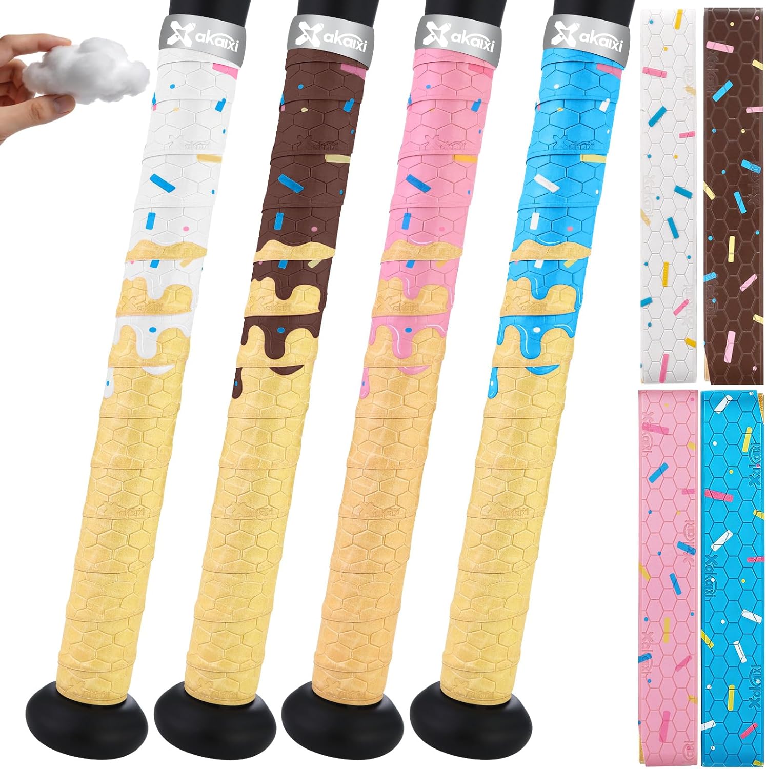 Skiennix Ice Cream Drip Baseball Bat Grip Tapes - Non-Slip, Sweat-Absorbent Wraps | 2/4 Pack, 0.5mm/1.1mm/1.75mm