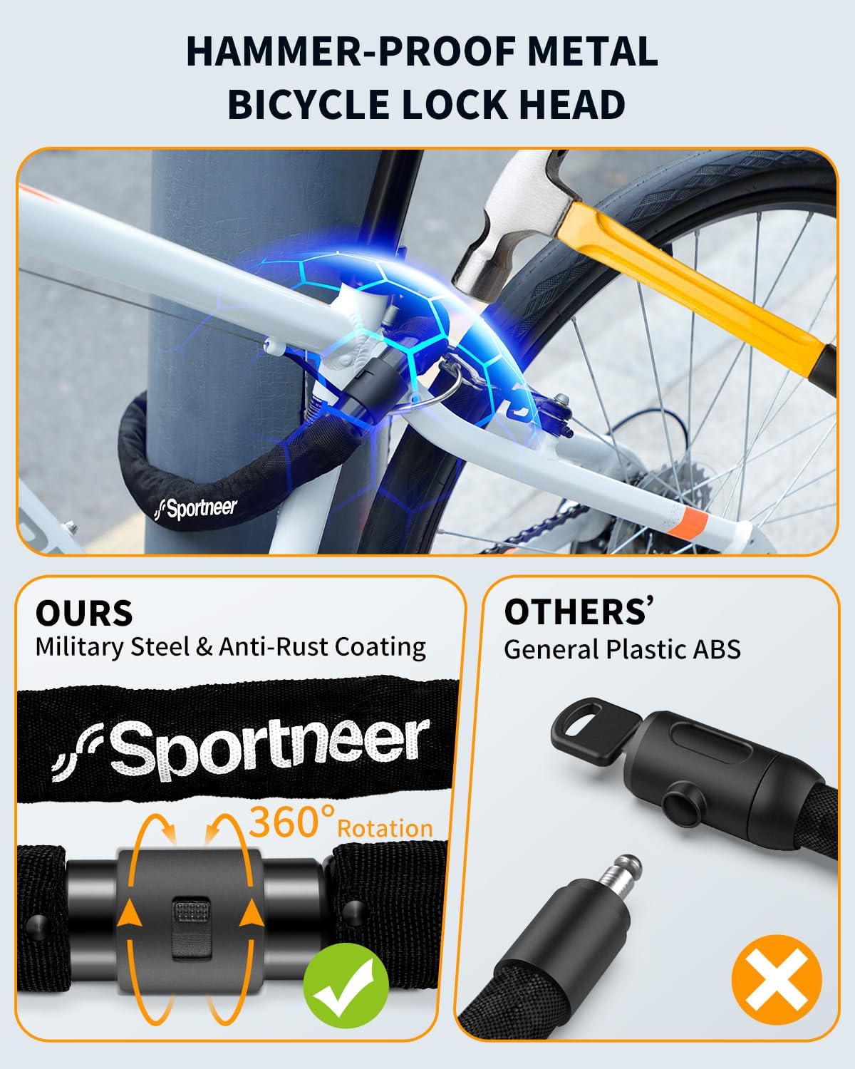 Sportneer Bike Lock - 8mm Thick High-Security Anti-Theft Chain Lock | 3.2/4ft Heavy-Duty with 2 Keys