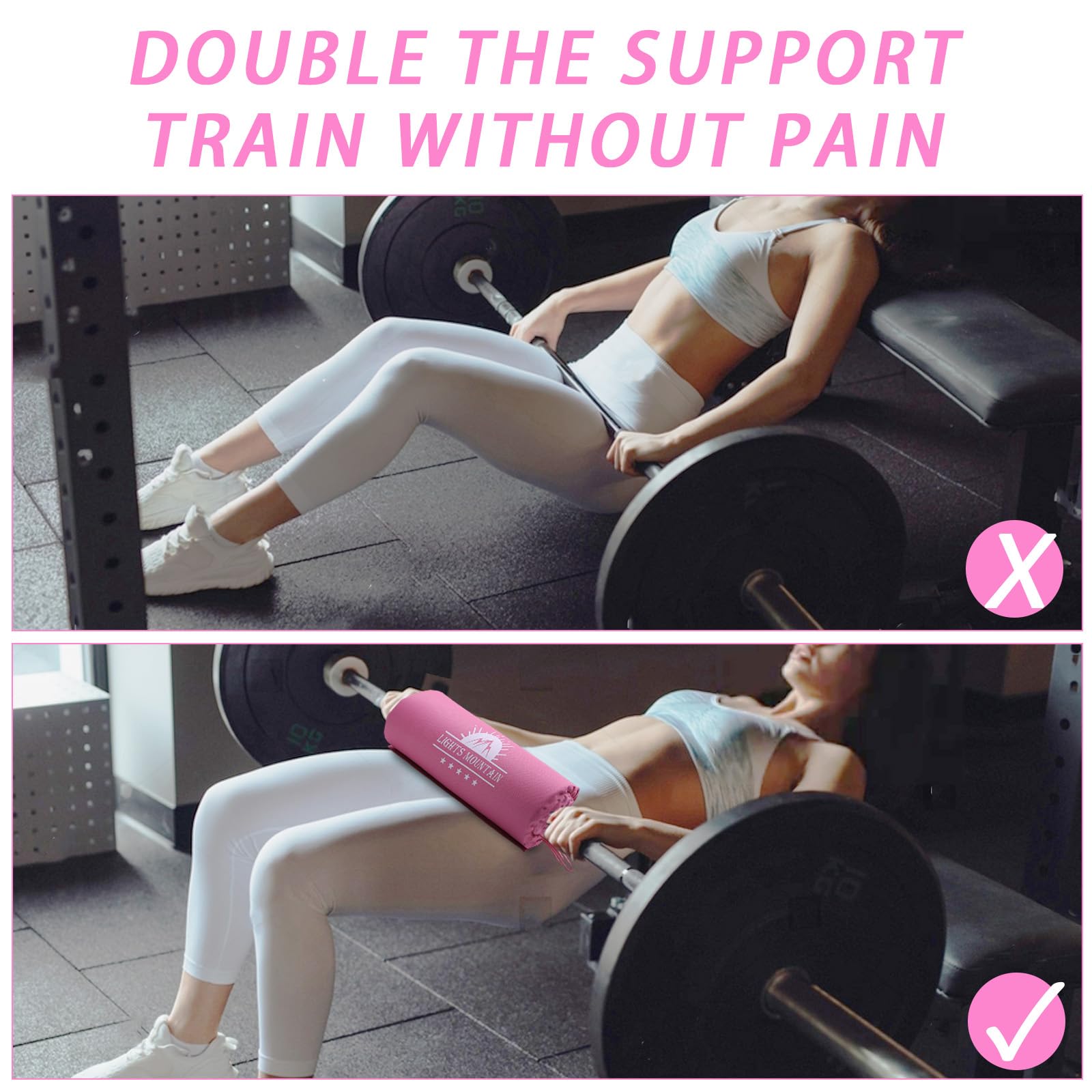 Lights Mountain 2-in-1 Thick Foam Barbell Pad - Non-Slip for Hip Thrust, Squat, Neck & Shoulder Pain Relief, Fits Standard/Olympic Bars, Pink (for Women)