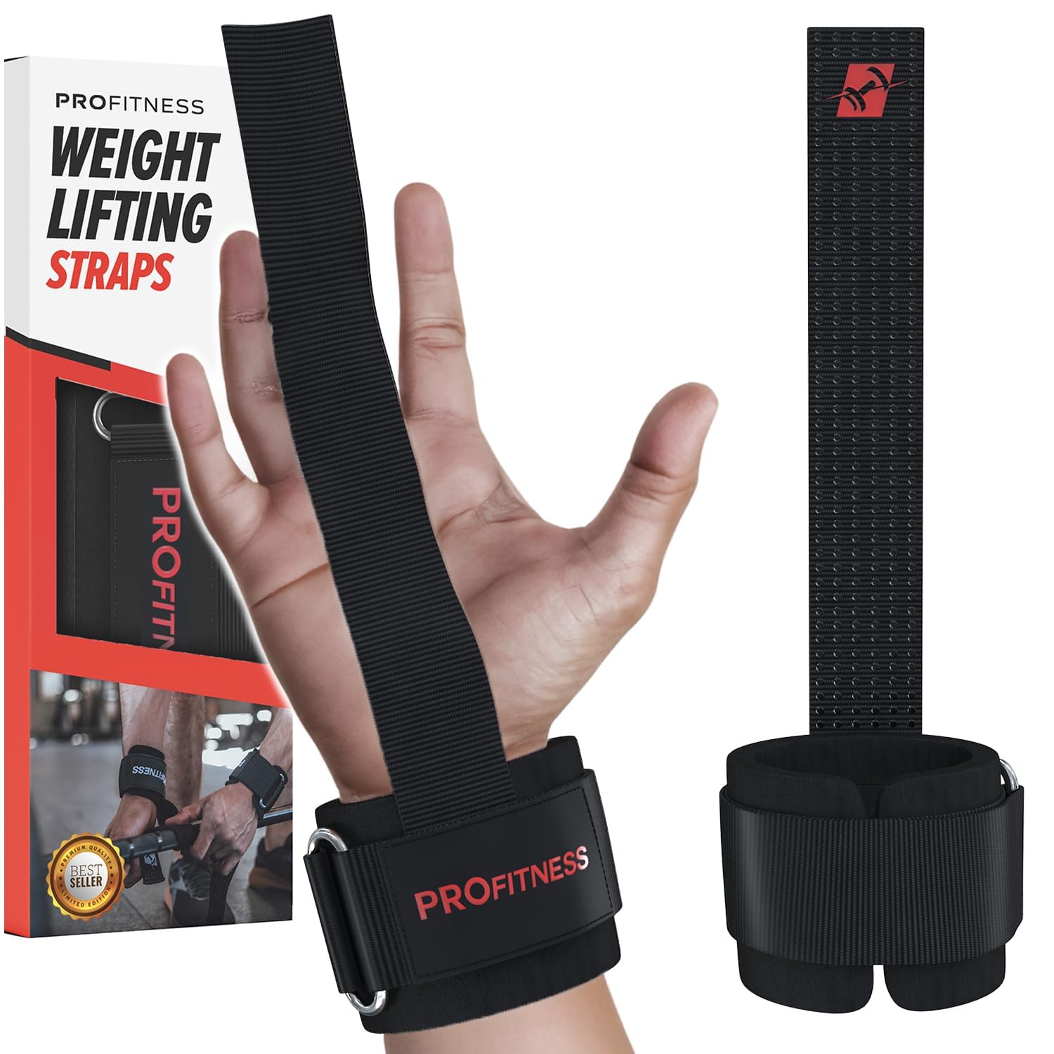 ProFitness Weight Lifting Straps for Men - Weight Lifting Straps for Women - Padded Neoprene Weight Straps Lifting Women & Men with Non Slip Silicone Grip (Black/Red)