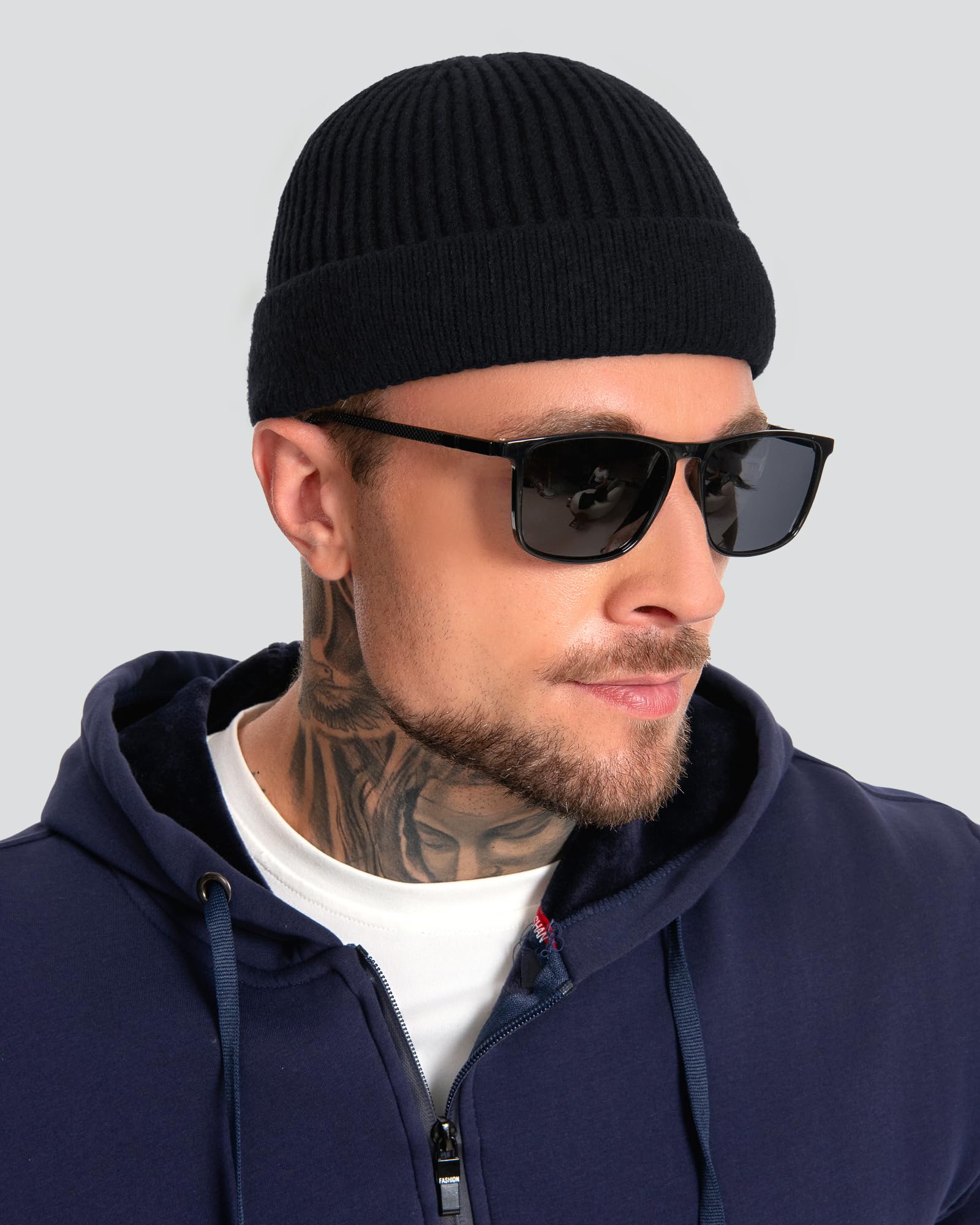 ROYBENS Swag Wool Short Fisherman Beanie for Men Women, Fleece Lined Warm Winter Hat, Knit Cuff Trawler Beanies Watch Skull Cap Black