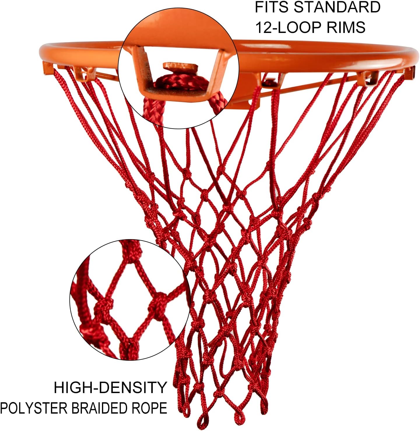 Sanung Basketball Net Replacement - Heavy Duty Anti-Whip Design | 12 Loops, Standard Size, Red