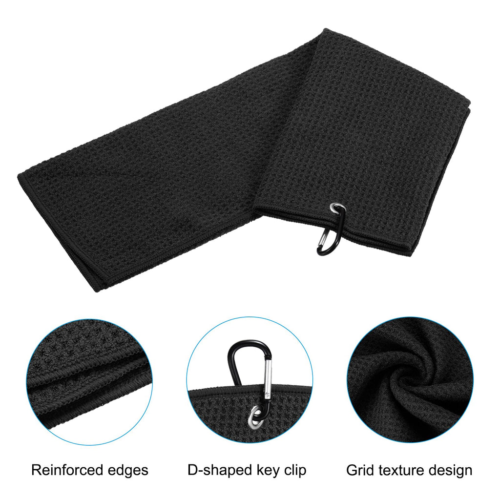 PATIKIL 12"x12" Tri-Fold Golf Towels, 2 Pack Waffle Pattern Towels Soft Fiber Strong Water Absorption with D Clip for Golf Lovers, Black