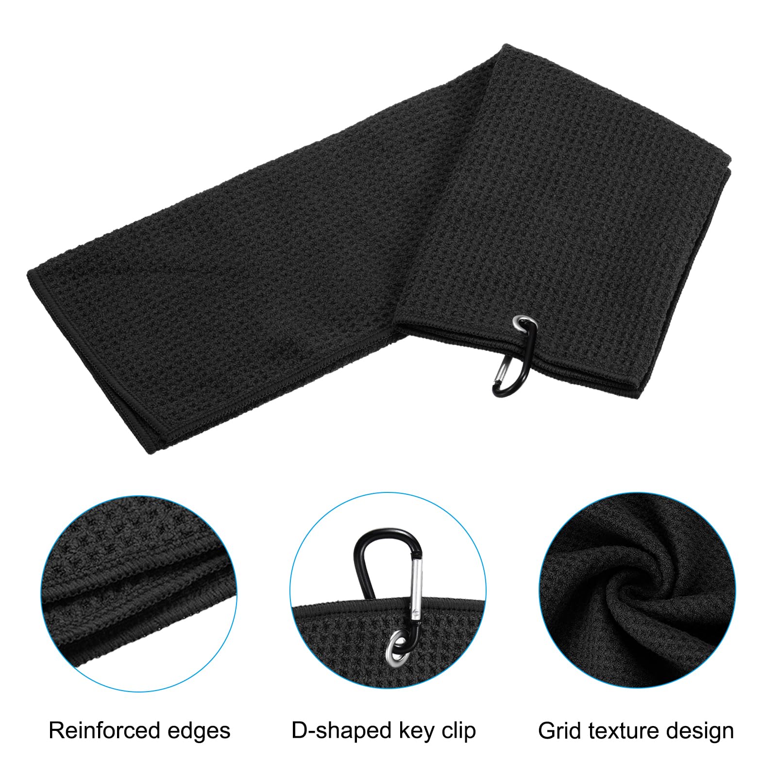 PATIKIL 12"x12" Tri-Fold Golf Towels, 2 Pack Waffle Pattern Towels Soft Fiber Strong Water Absorption with D Clip for Golf Lovers, Black