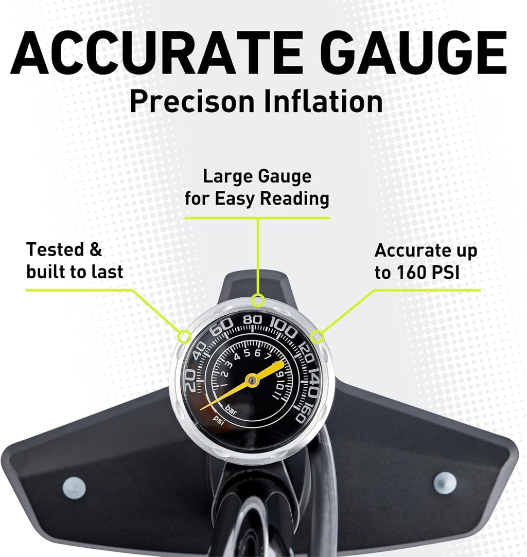Vibrelli Bike Floor Pump with Gauge - High Pressure 160 PSI | Presta & Schrader Valve Compatibility