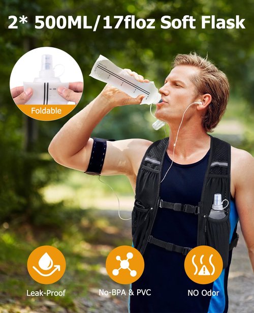 NOOLA Running Vest for Women Men, Lightweight Hydration Vest with Dual 500ML Soft Flasks, Water Backpack Hydration Pack, Adjustable Running Tail Chest Bag for Hiking Race Marathon Cycling (Black)