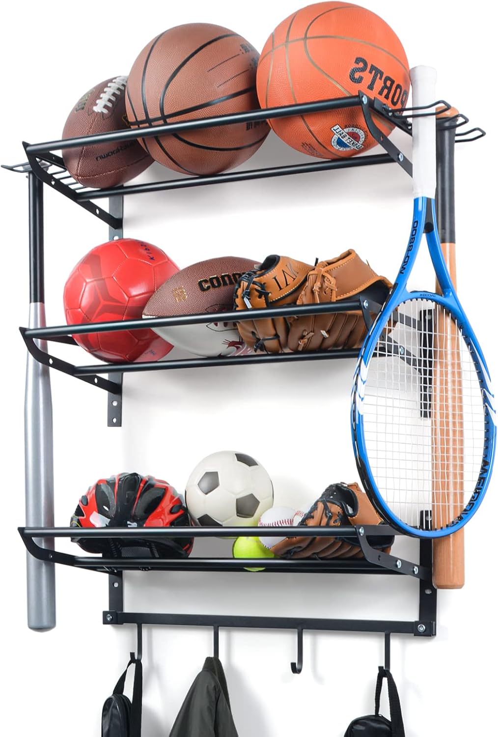XCSOURCE Garage Sports Equipment Storage Rack - 3 Shelves & 4 Hooks for Organizing Balls & Gear