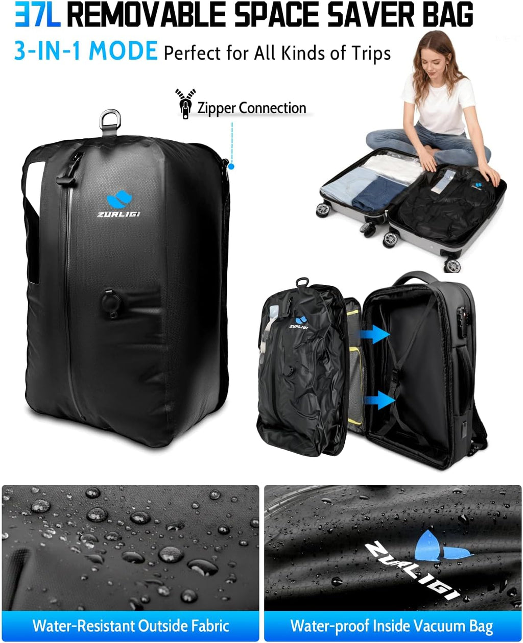 Zurligi Vacuum Backpack - Expandable 30-70L Compression Travel Bag with Pump & USB Charge Port | Black