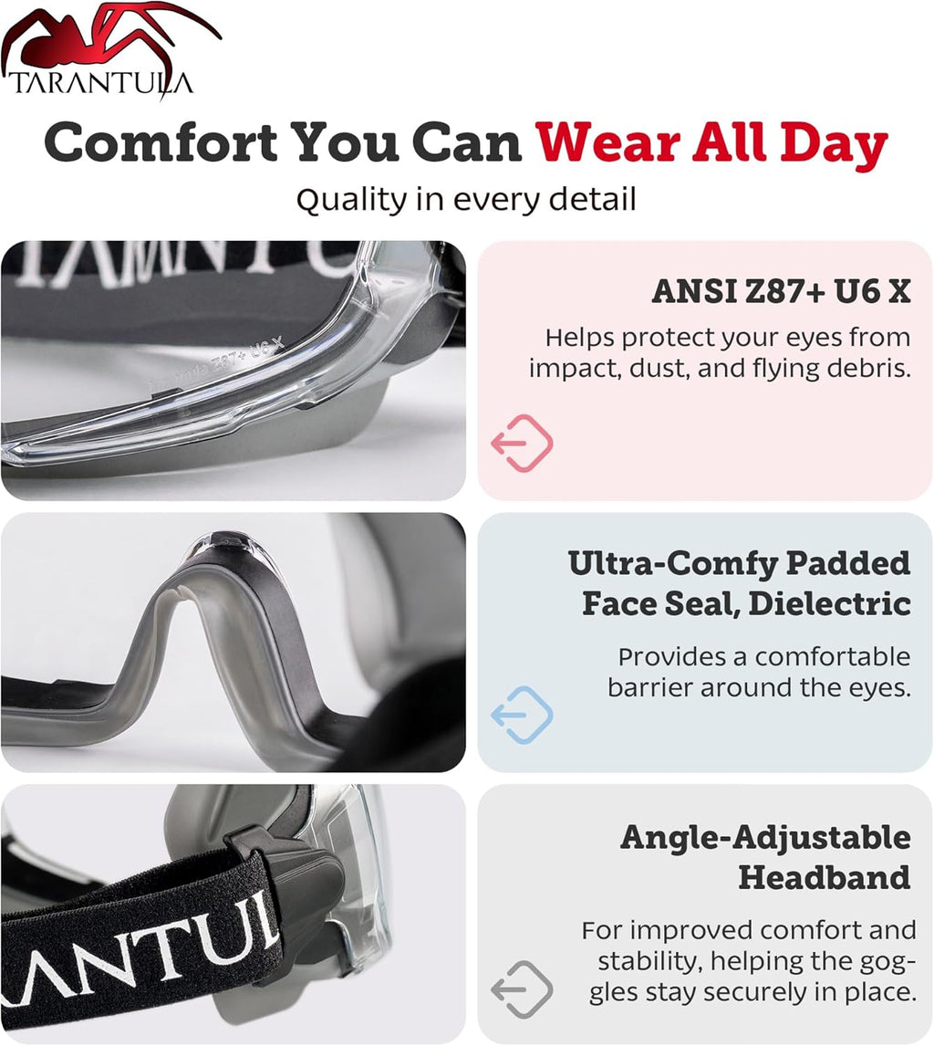 Tarantula Safety Goggles - ANSI Z87.1+ Over Glasses with Anti-Fog & Anti-Scratch Features | Adjustable Strap for Lab & Woodworking