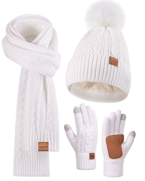 Winter Beanie Hat Scarf Gloves Set for Women, Pom Pom Beanie with Fleece Lined Long Knit Neck Warmer Touchscreen Gloves, Warm 3 in 1 Stocking Stuffers Gift Set for Mom Her Cold Weather(White)