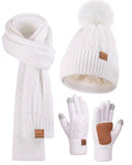 Winter Beanie Hat Scarf Gloves Set for Women, Pom Pom Beanie with Fleece Lined Long Knit Neck Warmer Touchscreen Gloves, Warm 3 in 1 Stocking Stuffers Gift Set for Mom Her Cold Weather(White)