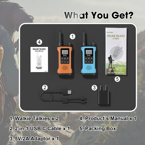 Derebir Walkie Talkies Long Range for Adults-2 Pack Rechargeable Walkie Talkies 22 FRS Channels 2-Way Radios with NOAA Weather Alert,VOX,Flashlight and 1500mAh Li-ion Battery for Family Camping Hiking