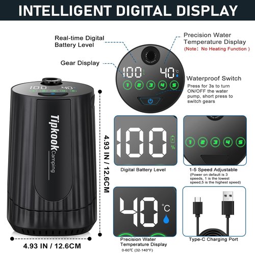Portable Shower for Camping Essentials: 10000mAh Rechargeable Battery Powered Shower, IPX8 Waterproof Camp Shower Pump, 5-Speed Outdoor Shower with LED Display, Camping Gifts for Men, Dog Bath, Hiking