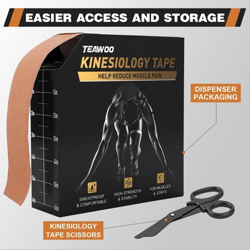 (2in X 131ft) TEAWO Kinesiology Tape Bulk Roll, Waterproof Hypoallergenic Latex-Free Sports Tape, Muscle & Joint Support for Athletes, Free Cut with Bonus Specialized Scissors (Beige)