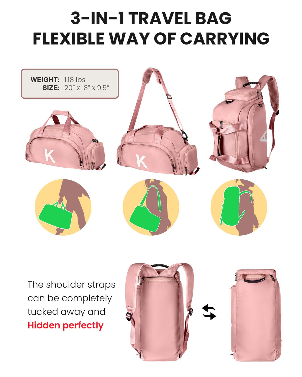 Vogewood Teen Girl Birthday Gift-Gifts for Teenage Girls, Initial Gym Bags with Shoe Compartment, Dance Bag for Girls, Kid Overnight Duffle Bags for Sport Gymnastics Cheer Travel Weekender (Letter K)