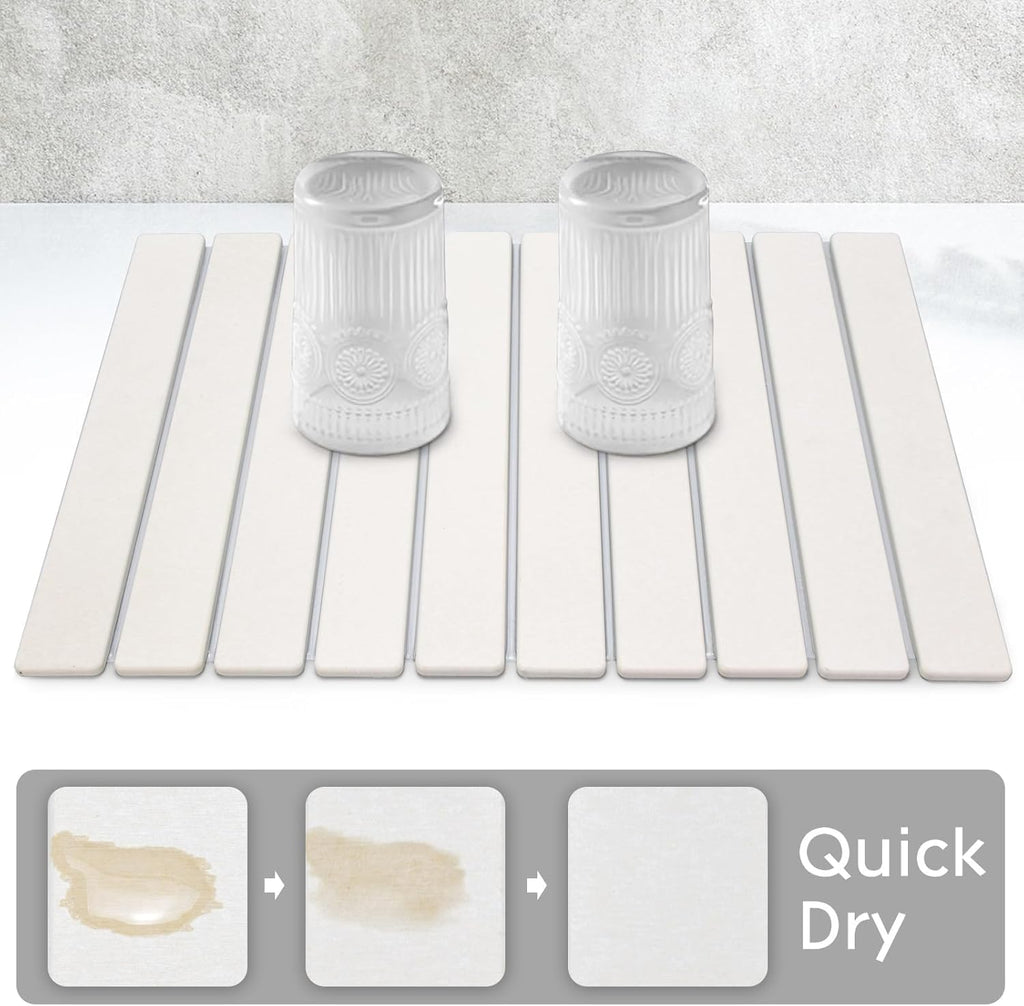 Large Stone Dish Drying Mats for Kitchen Counter, Quick Dry Collapsible Dish Drying Mat, Eco-Friendly Absorbent Foldable Diatomaceous Earth Mats for Dishes Bottles Cups, Match Any Countertop, 23"×15"
