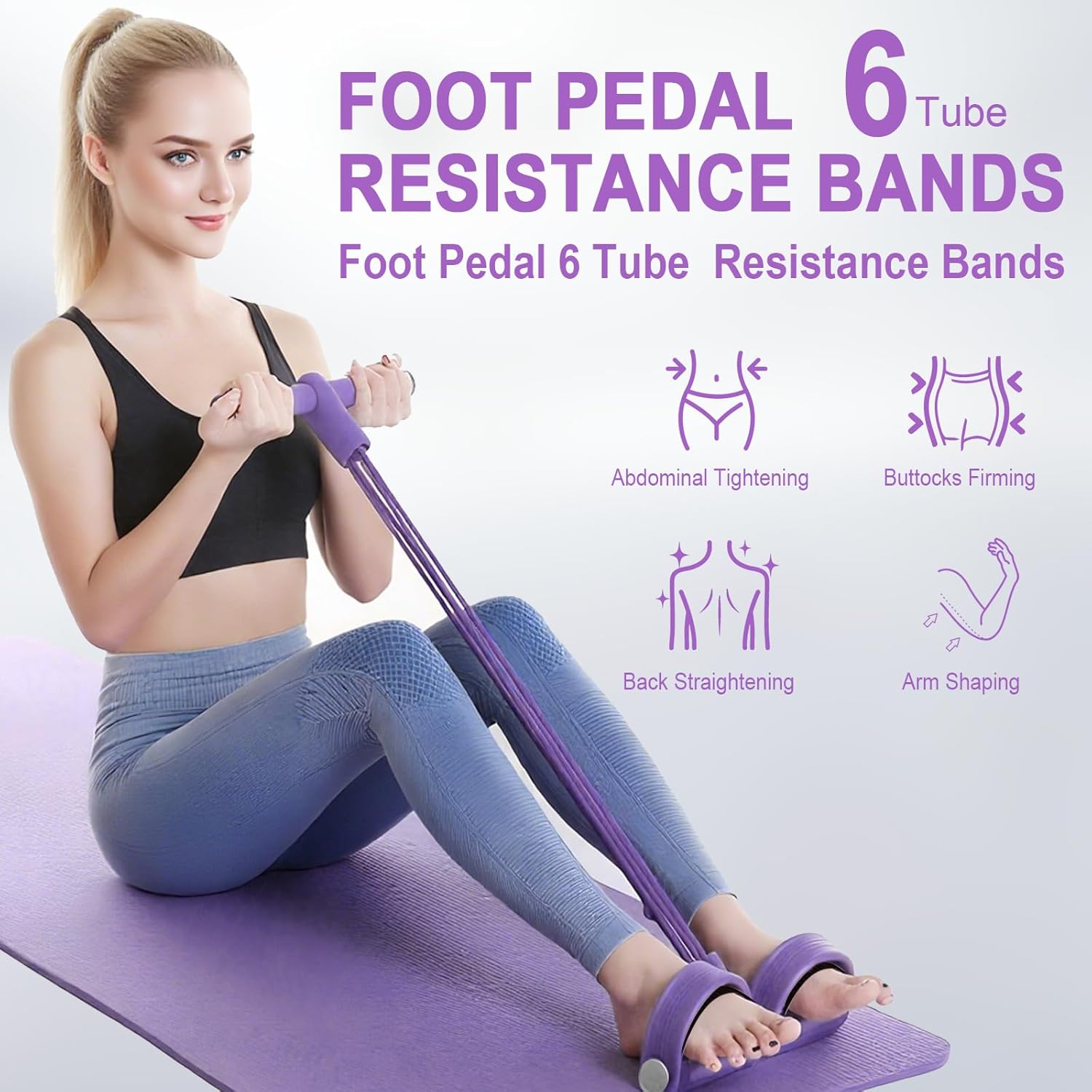 Pedal Resistance Bands - Skiennix 6-Tube Manual Tension Fitness Bands for Full Body Stretching | Purple