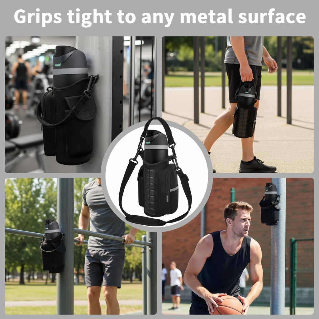 Steadtep Magnetic Gym Water Bottle Sleeve with 14 Strong N52 Magnets - for MagSafe iPhone & Large Flasks, Insulated Carrier for Ninja Blast Portable Blender, 32oz 40oz 50oz Bottles, Gym Bag with Phone