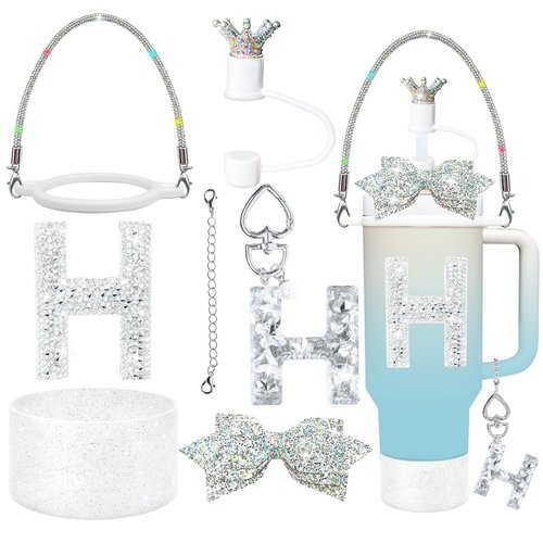 8Pcs Silvery Stanley Cup Accessories Set for Stanley Cup 30&40 Oz Tumbler - Silicone Straw Cover Cap and Boot, Handle Letter Charm, Bow Decoration Initial Sticker, Diamond Water Bottle Handle Strap(H)