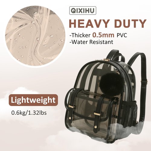 Clear Backpack for Stadium Events, 12x 12x 6 Small Transparent Backpack PVC Mini See Through Bag for Women Girls for Concert Festival, Semi-Black
