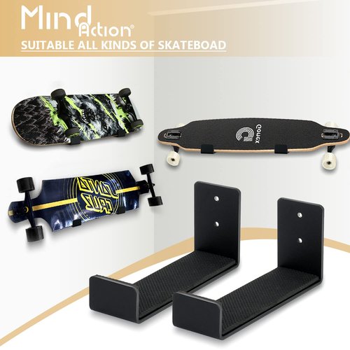 Mind and Action Skateboard Wall Mount Display Rack,Home and Garage Skateboard Storage,Solid Aluminum Shelf Brackets. (Black 1 Pair)