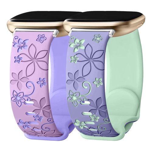 Kimiyaki 2 Pack Floral Engraved Bands for Fitbit Sense 2 / Sense Fitbit Versa 4/ Versa 3 Women, Cute Two-Tone Soft Silicone Sport Strap