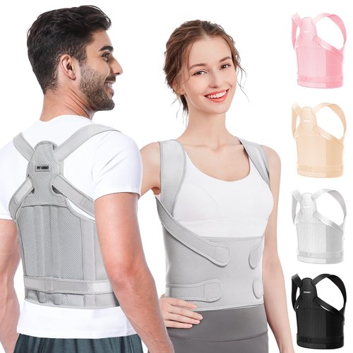 Fit Geno Back Brace - Adjustable Posture Corrector for Men & Women | Full Back Support & Pain Relief (Small, Gray)