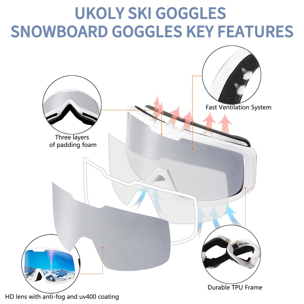 Ukoly Ski/Snowboard Goggles for Men Women, Snow Goggles HD Lens Anti-Fog Coating OTG Design UV400 Protection Windproof (White Frame Silver HD Lens)
