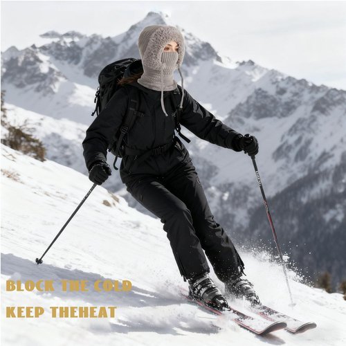 3 in 1 Beanie Hat for Women, Winter Fleece, Lined Thick Knitted Set with Scarf and Mask, Winter Hat with Built in Scarf, Thermal Insulation Ski Kit Grey