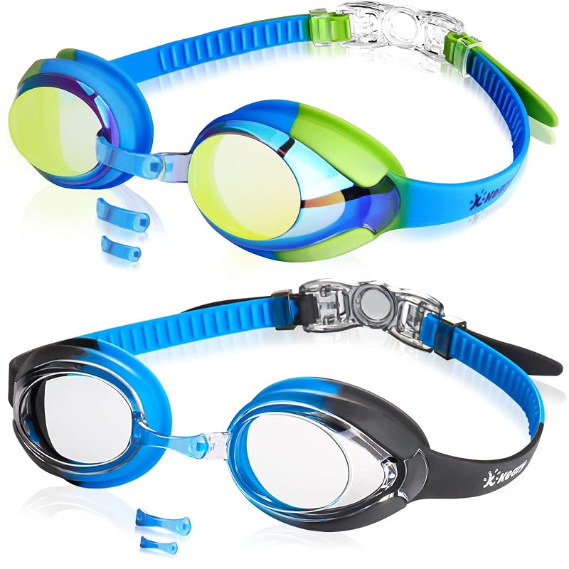Kids Swim Goggles Anti-Fog UV - 3 Interchangeable Nose Pieces, Keary, Mirrored Green & Clear Blue