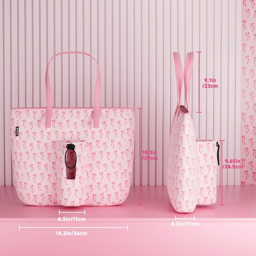 Meoky 15 L Cute Tote Bag: Pink Tote Bag with Straw Storage for 40 oz Tumbler with Handle and Straw - Water Bottle Carrier Holder For Work Yoga - Girls Sister, Bow