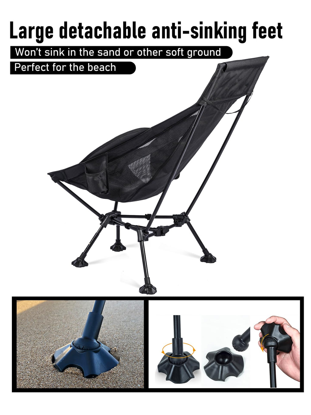 WildCall Lightweight Folding High Back Camping Chair with Head Support, Compact Beach Chair with Anti-Sinking Large Feet and Three Tilt Angles Adjustment