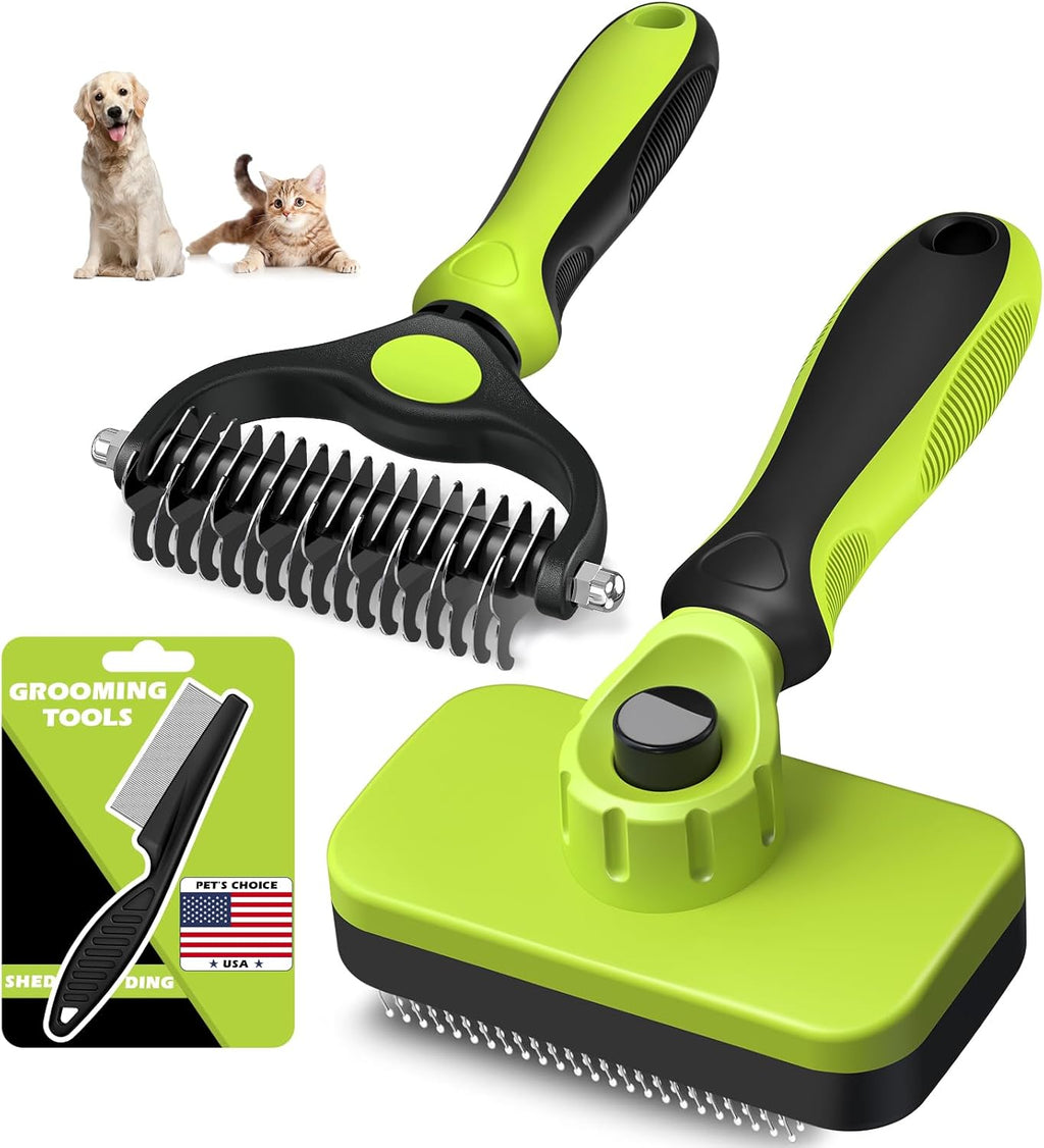 Skiennix Self-Cleaning Slicker Brush Set - Pet Grooming Rake & Flea Comb for Dogs, Cats & Horses | Green