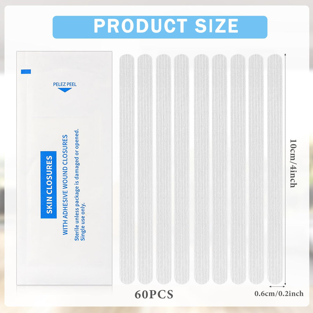 Timgle 60 Skin Closure Strips Adhesive 1/4 x 4 Inch/ 6 x 100 mm for Closing Supporting Cuts Suture, 12 Packs of 5 Strip