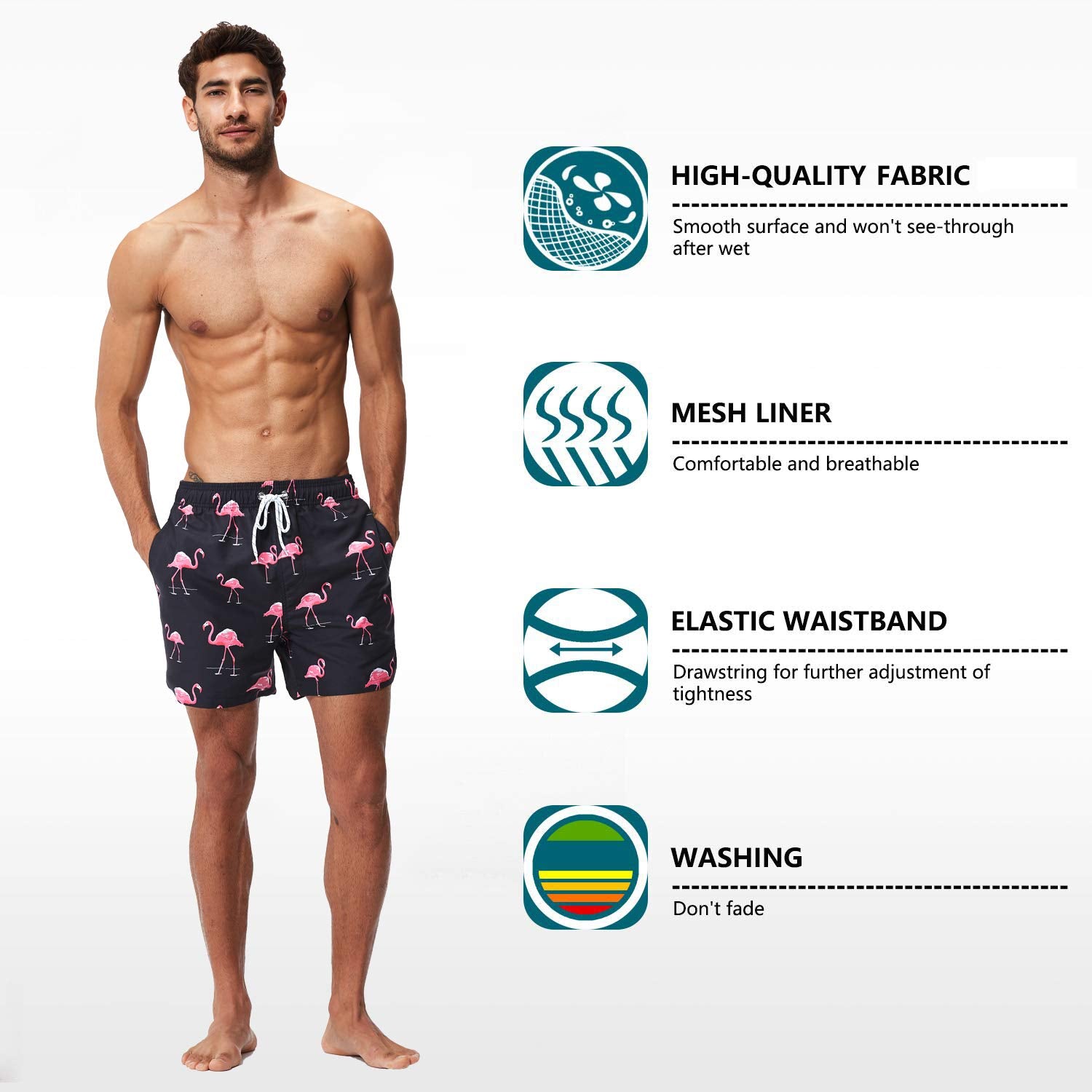 SILKWORLD Men's Swim Trunks Quick Dry Shorts with Pockets (New Printed_Trunks: Pink Flamingo,Large)