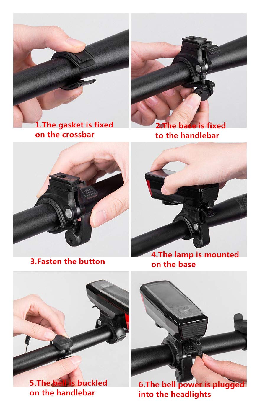 Ultra Bright Solar-Powered and USB Rechargeable Mountain Bike Front Lights 5 Modes 120db Bicycle Electric Bell Horn 350 Lumens 4 Mode Waterproof Bicycle Headlight, Road Cycling Safety Charging Lights