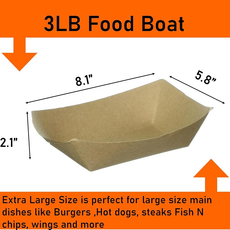 Extra Large Kraft Paper Food Boats – 100 Pack, 8.1x5.8x2.1 Inches, Disposable & Recyclable, For Condiments, Snacks & Catering (Variation: 100+3 LB)