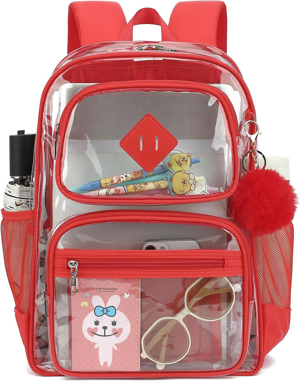 Skiennix Heavy Duty Clear Backpack - Durable Transparent School Bookbag for Kids | Red Color