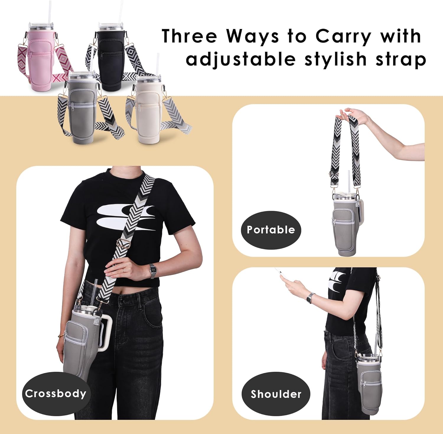 Viva Terry Water Bottle Carrier Bag - Modern 40oz & 30oz Tumbler Holder with Strap & Phone Pocket