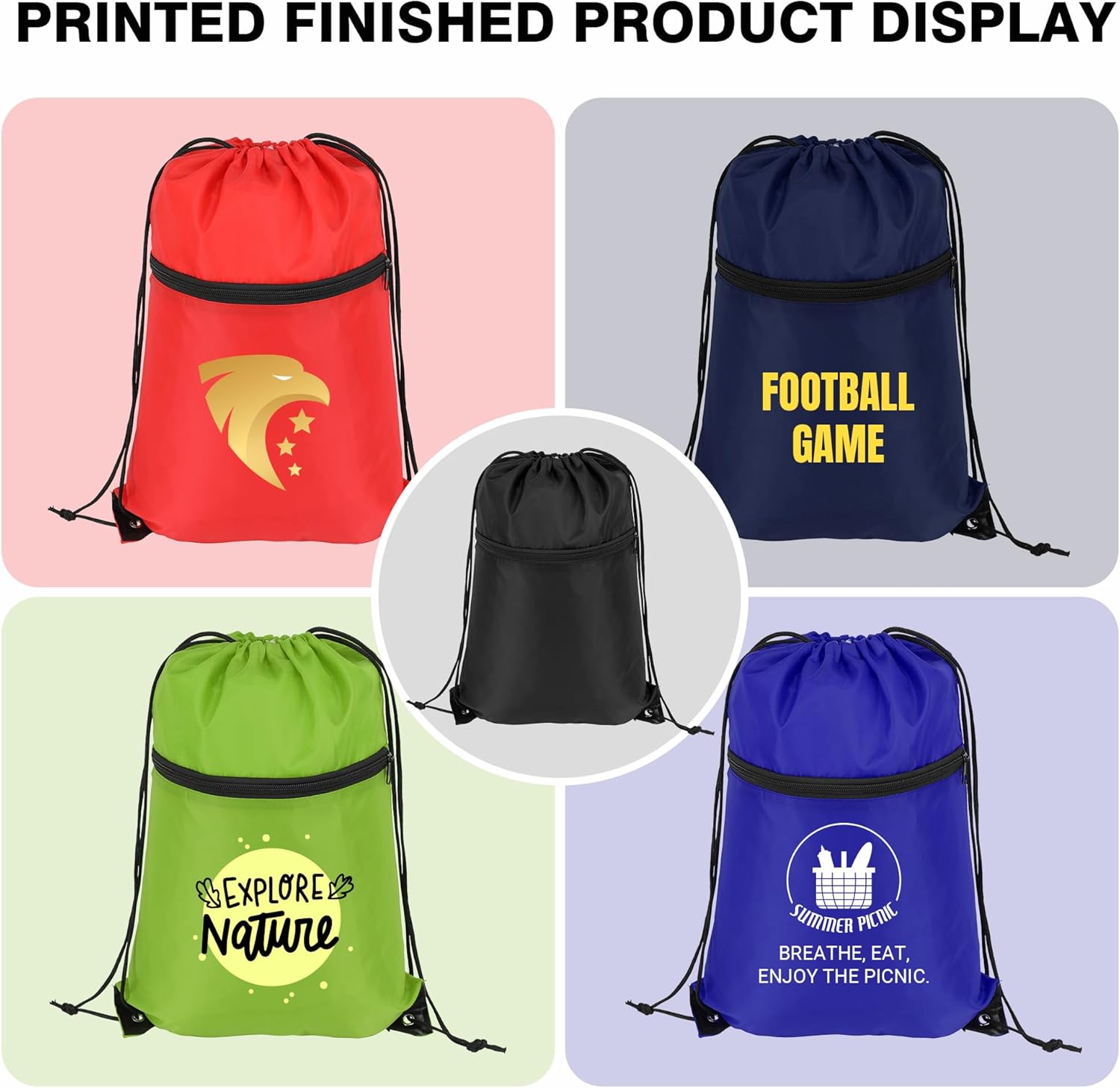 Skiennix Custom Drawstring Backpacks - Personalized Cinch Tote Bags with Zipper Pocket | 100/200 Pack