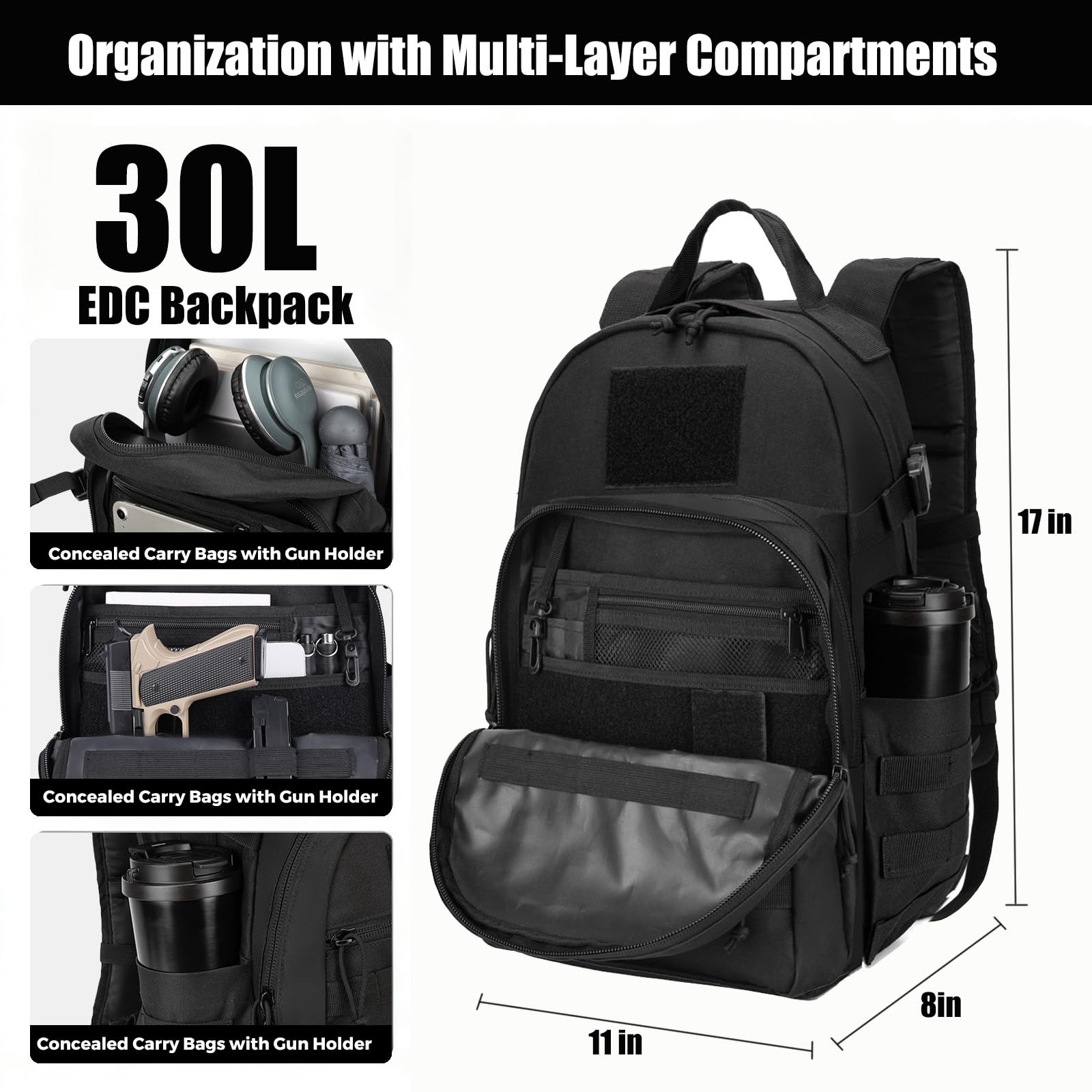Miramrax Tactical Backpack for Men Military Backpacks with Holster Army 3 Days Assault Pack Bug Out Bag for Hiking Camping (Black)