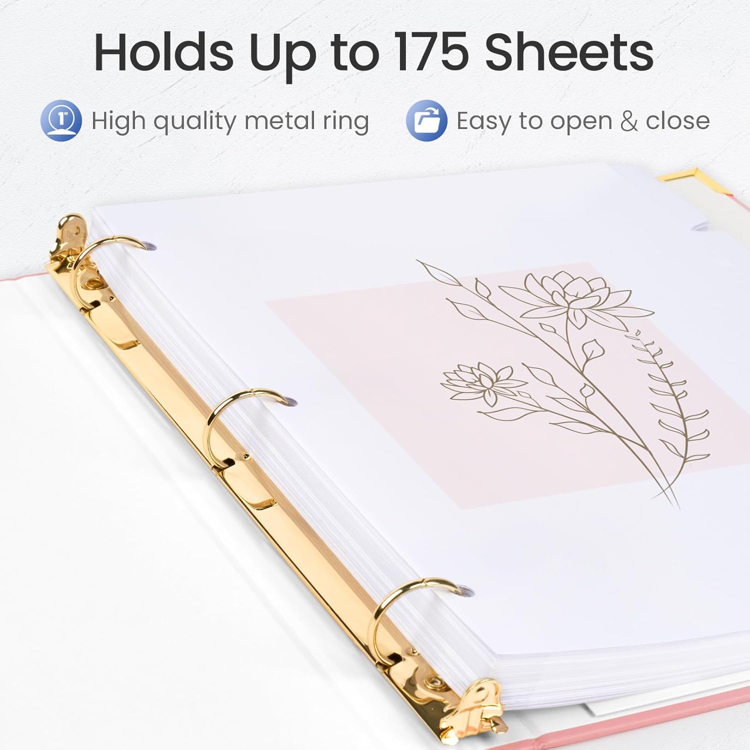 Sooez 1 Inch Cute 3 Ring Binder - Gold Foil & Metal Corners | Recipe Binder for 8.5" x 11" Paper