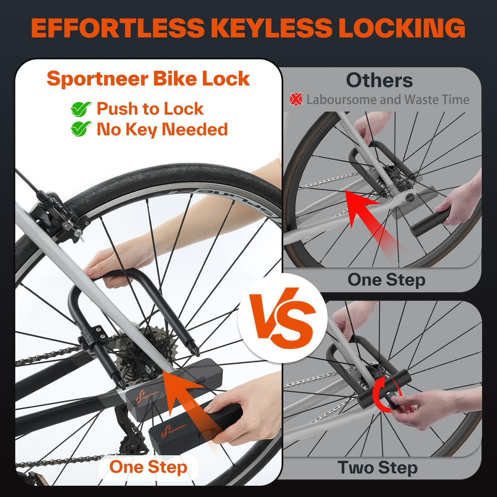 Sportneer Bike Lock - Heavy Duty 16mm Anti-Theft U Lock with 3 Keys & Sturdy Mounting Bracket | 8.7''x5.9''