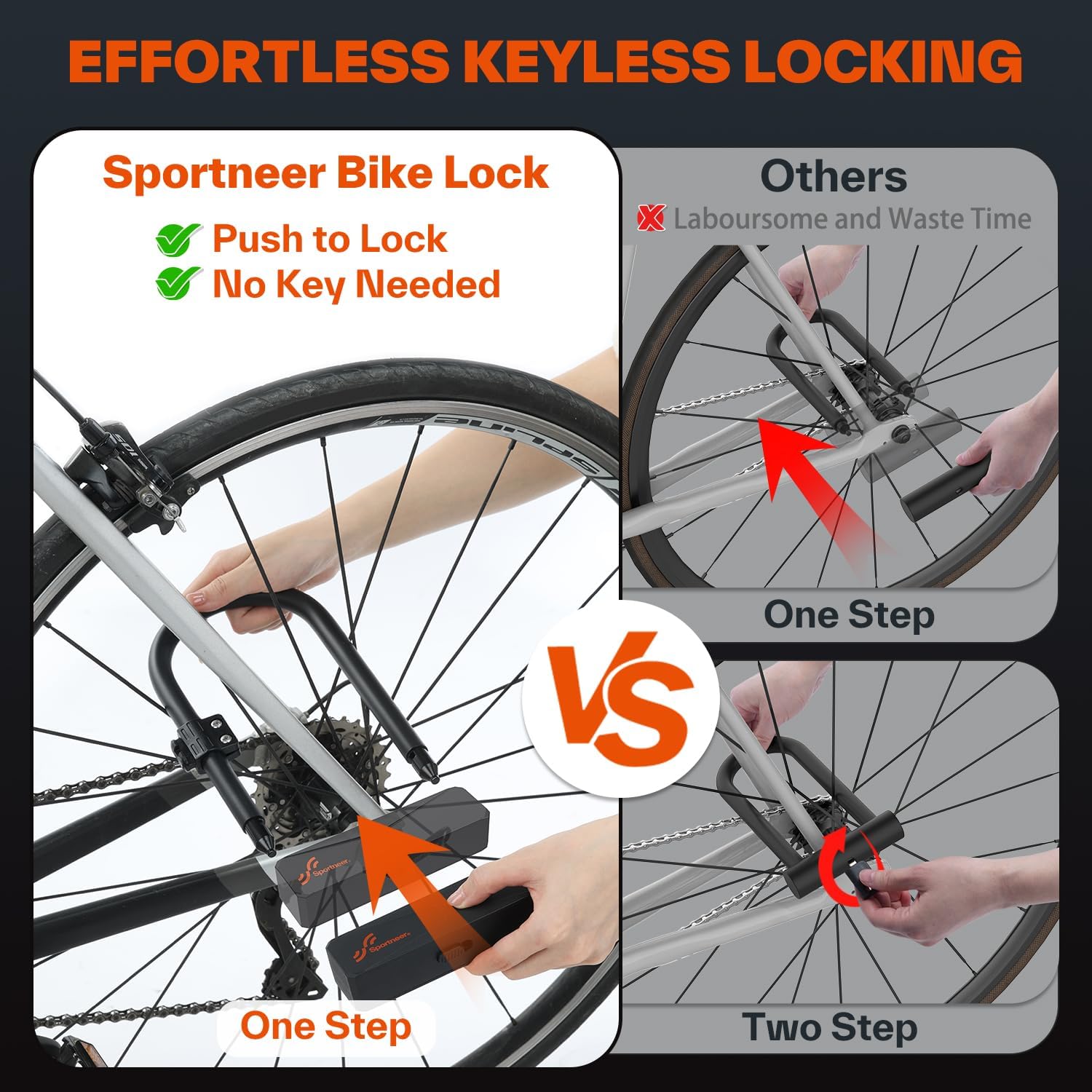 Sportneer Bike Lock - Heavy Duty 16mm Anti-Theft U Lock with 3 Keys & Sturdy Mounting Bracket | 8.7''x5.9''