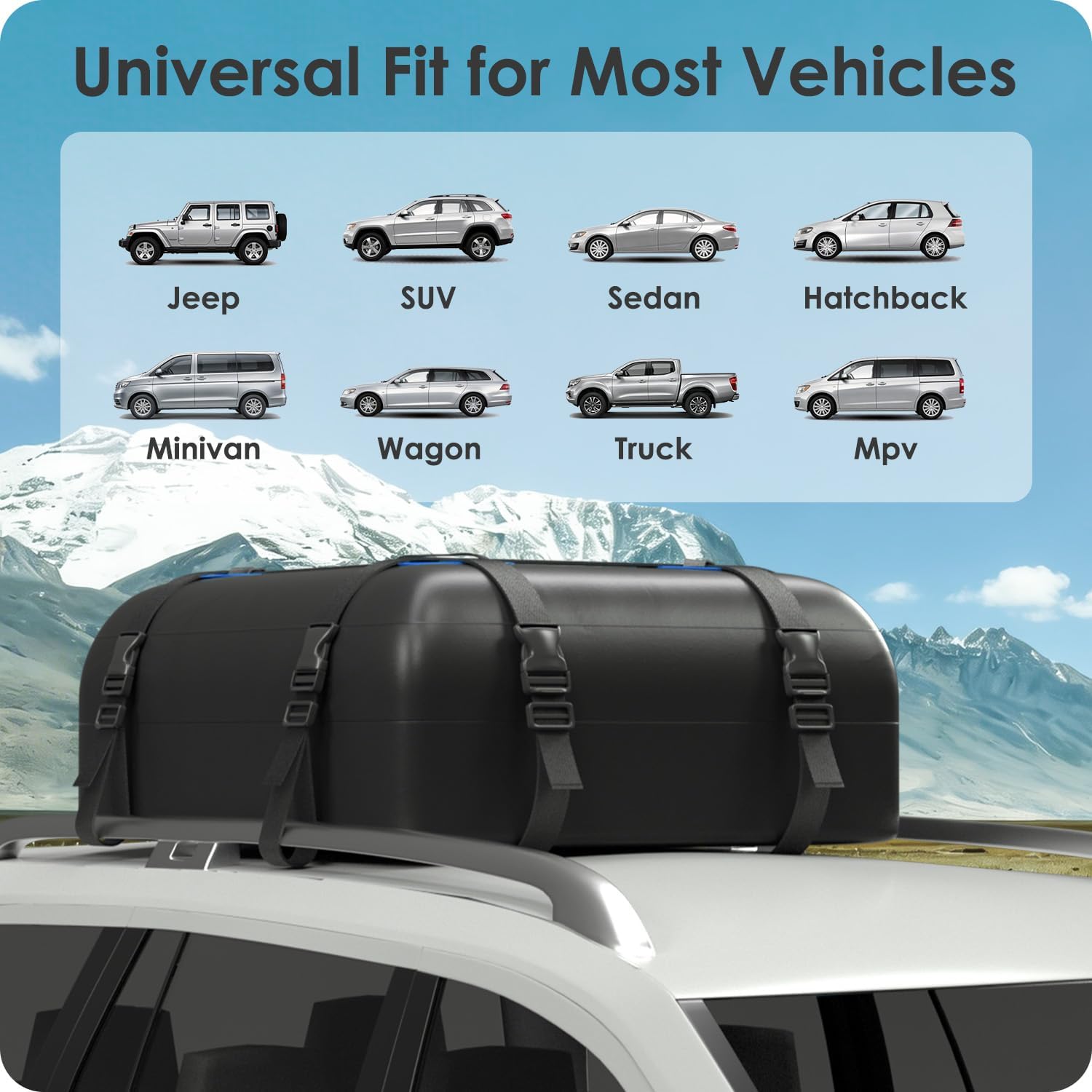 Skiennix Car Rooftop Cargo Carrier Bag - 100% Waterproof, 15 Cubic Feet, Heavy Duty | Includes Anti-Slip Mat & Straps (Blue)